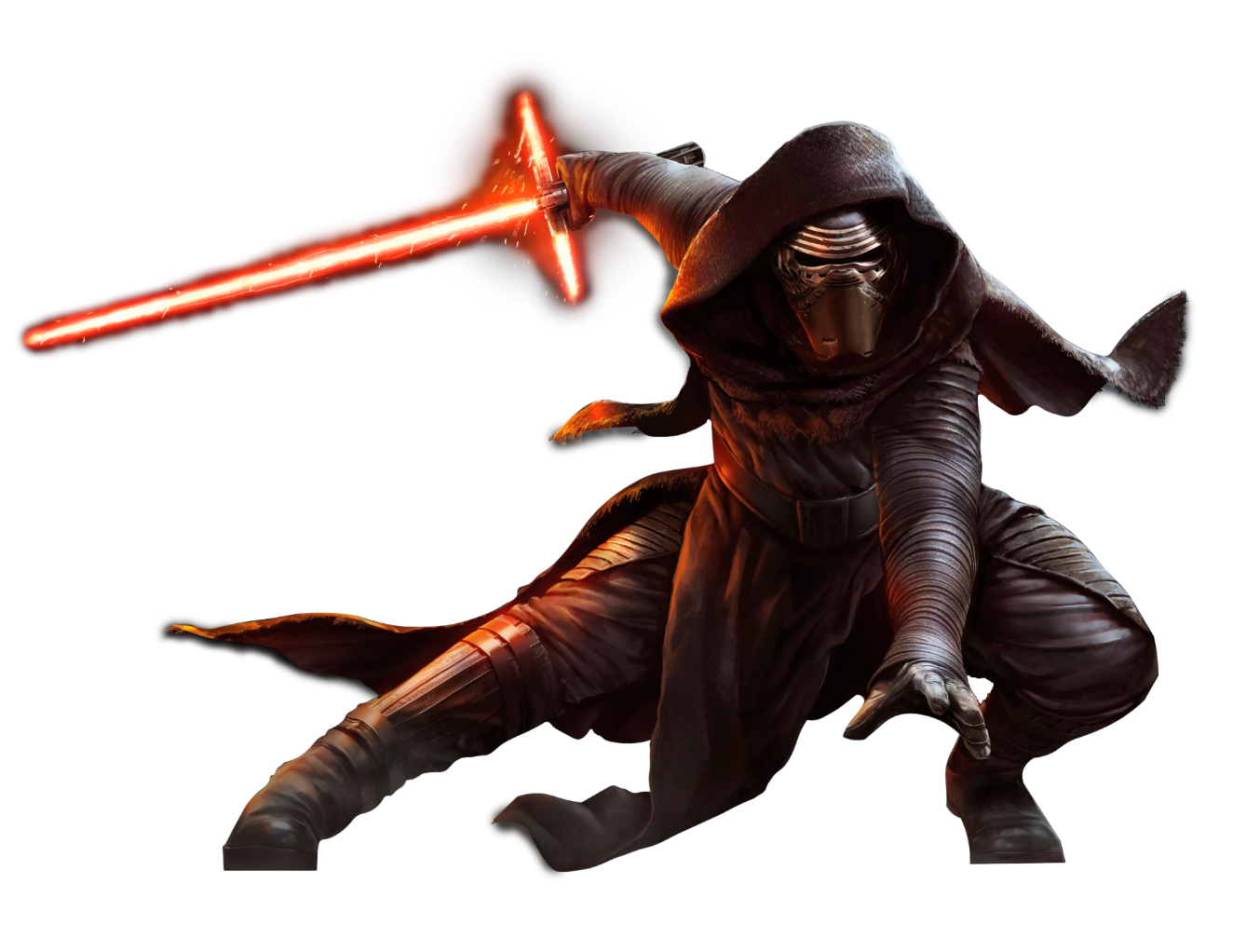 Kylo ren na pose de heroi com um sabre de luz vermelho