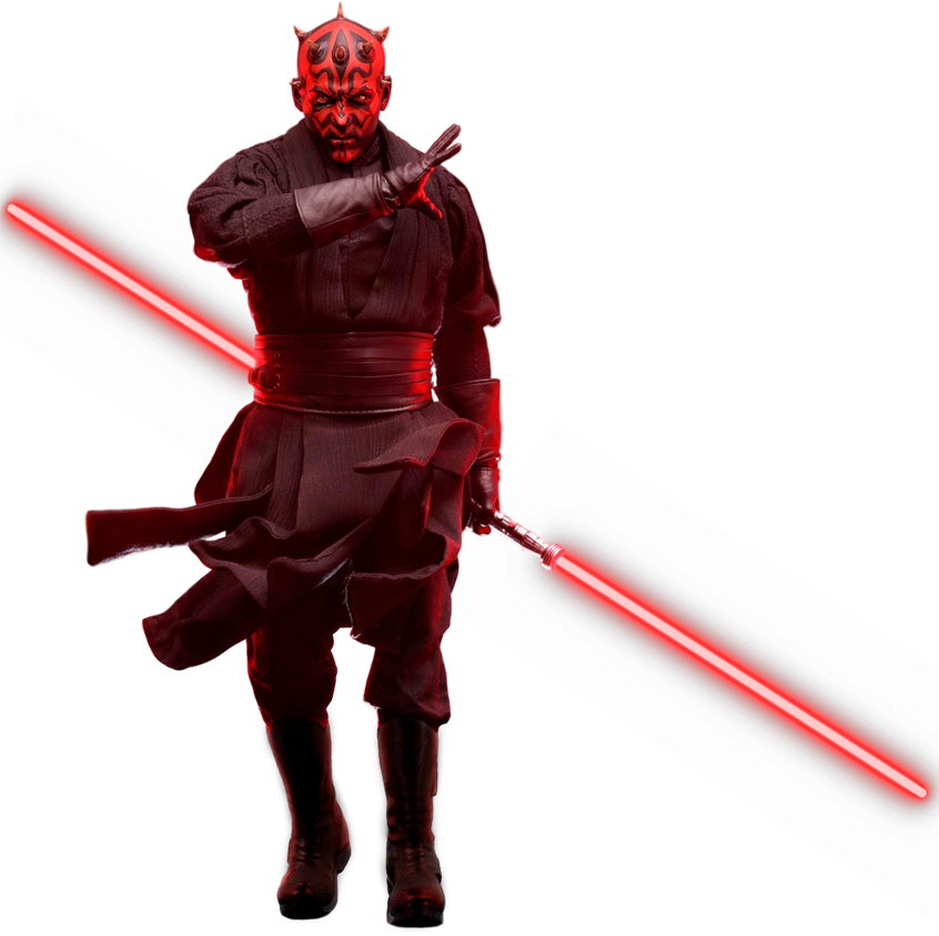Dark lord com sabre de luz vermelho em pe