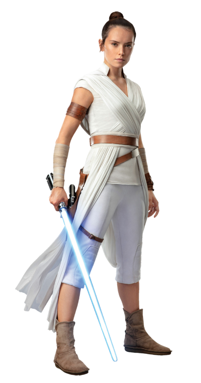 Rey Skywalker com sabre de luz azul