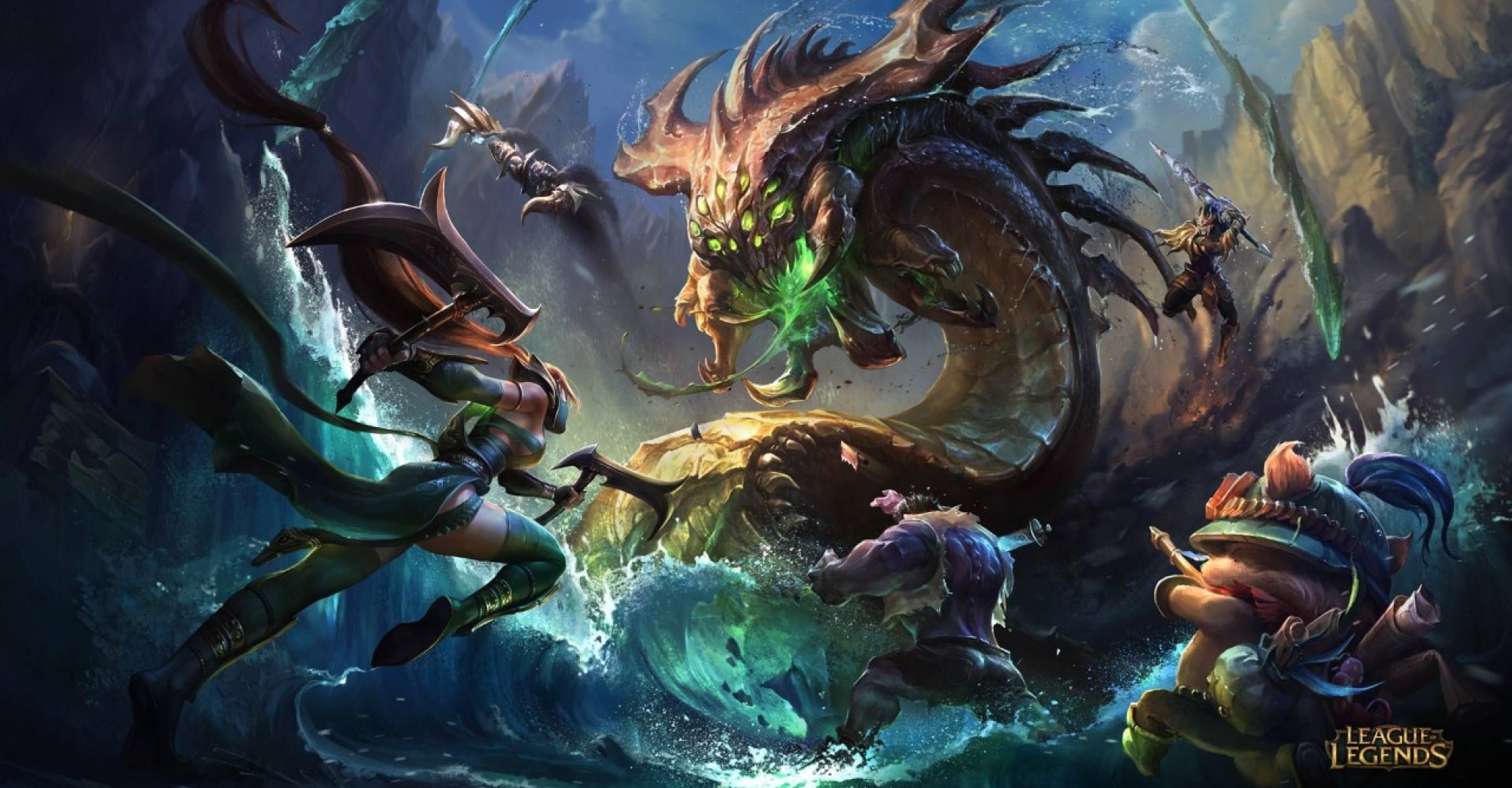 Imagem do lol, numa luta contra o barao, com os campeões Nocturne, Akali, Dr. Mundo, Teemo e Jarvan derrotando-o em um rio